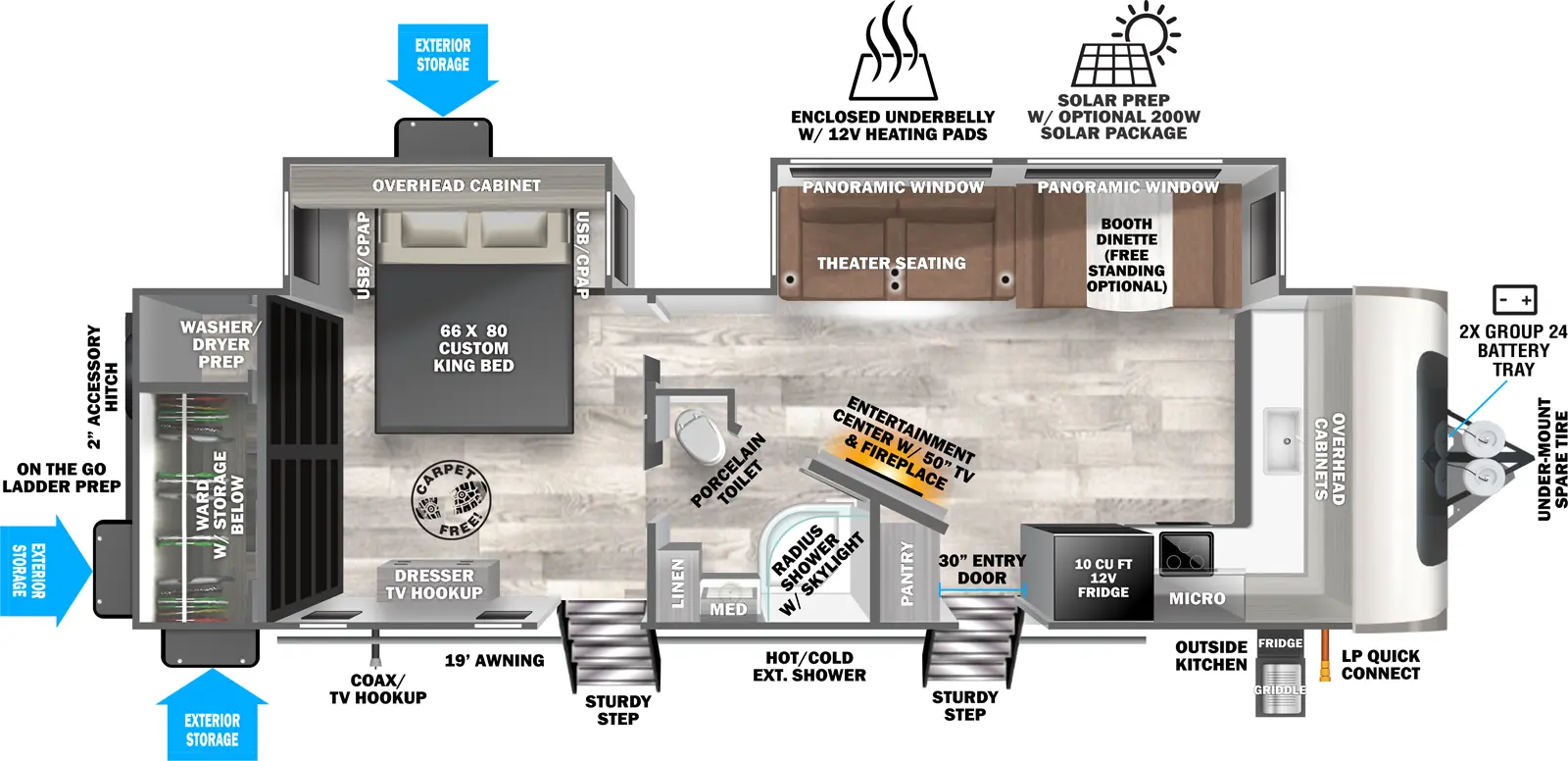 The Hemisphere Travel Trailers 270FKS has two entries and two slide outs. Exterior features include: fiberglass exterior, 19' awning and outside kitchen. Interiors features include: front kitchen, free-standing dinette option and rear bedroom.